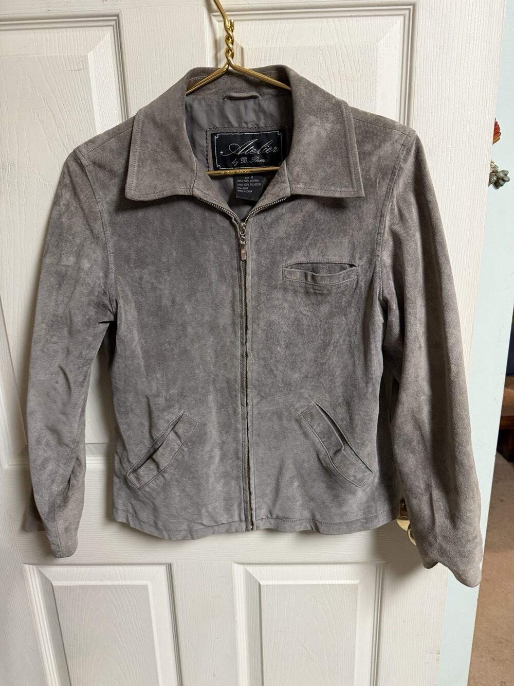 Atelier B. Thomas Women Gray Suede Leather Zip Long Sleeve Jacket Small 36w 22L